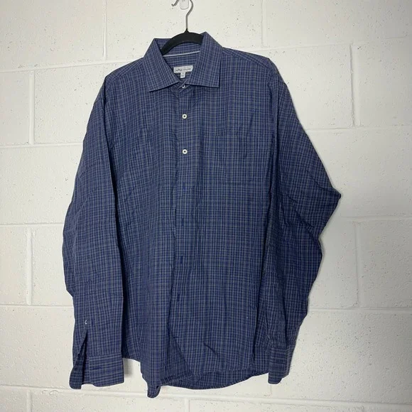 Peter Millar Mens XL Blue Grey Micro Check Plaid Long Sleeve Button Down Shirt - Picture 2 of 3